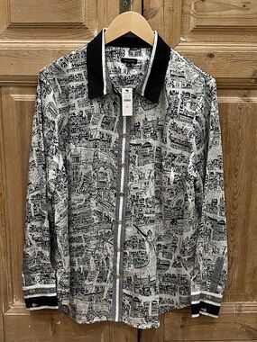 Talbots Black and White Cityscape Print Button-Front Shirt